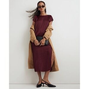 MADEWELL Mullberry Wine  Kourtney Short-Sleeve Slip Midi Dress Plissé NWT XXS